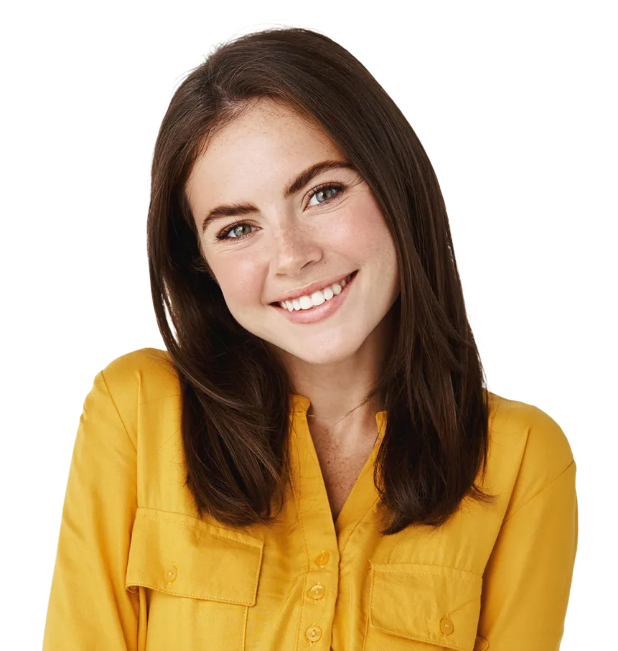 Smiling woman in a sunflower colored shirt